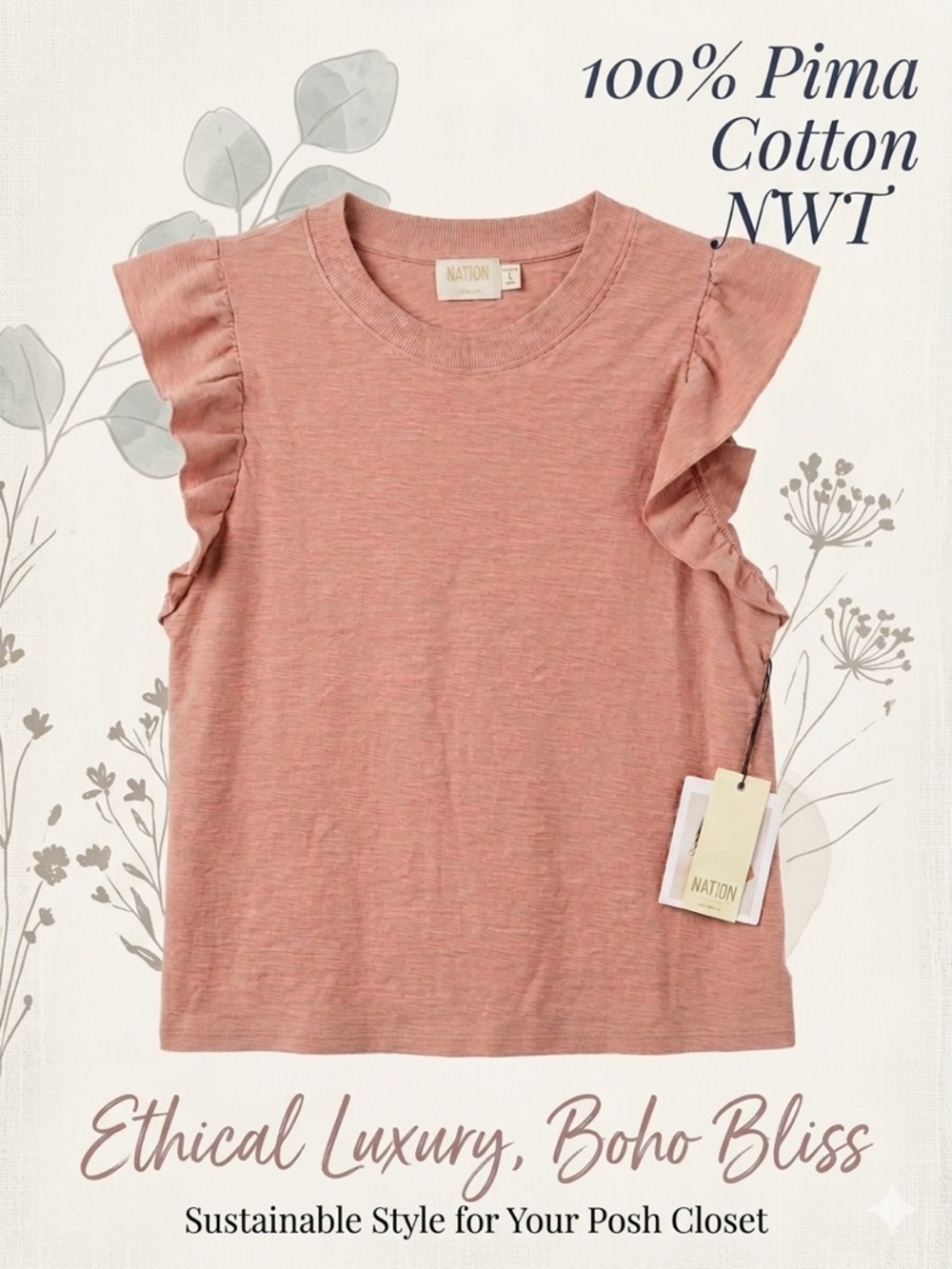 NATION LTD Pink dusty rose 100% Pima Cotton Camille Ruffle Sleeve Tee NWT